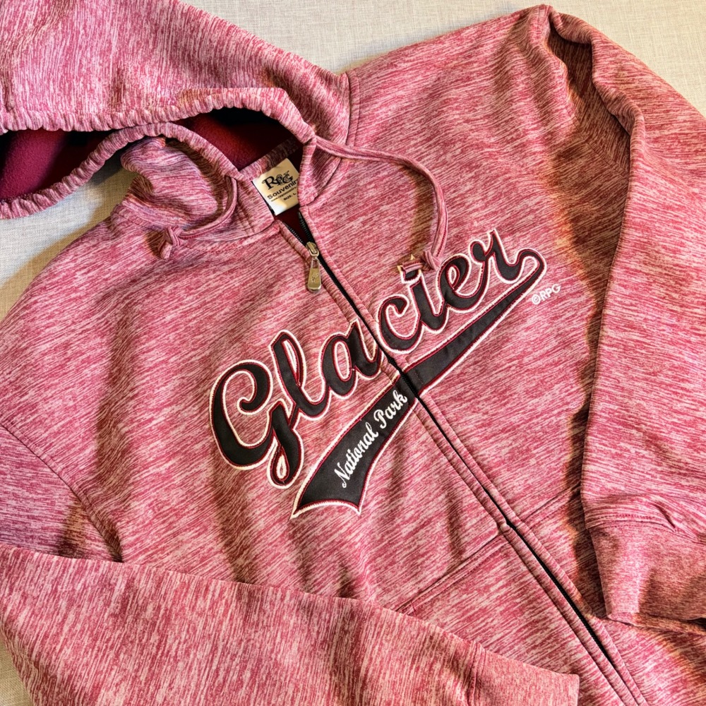Glacier National Park Full Zip Hoodie Burgundy Heather Womens Large Montana Cozy